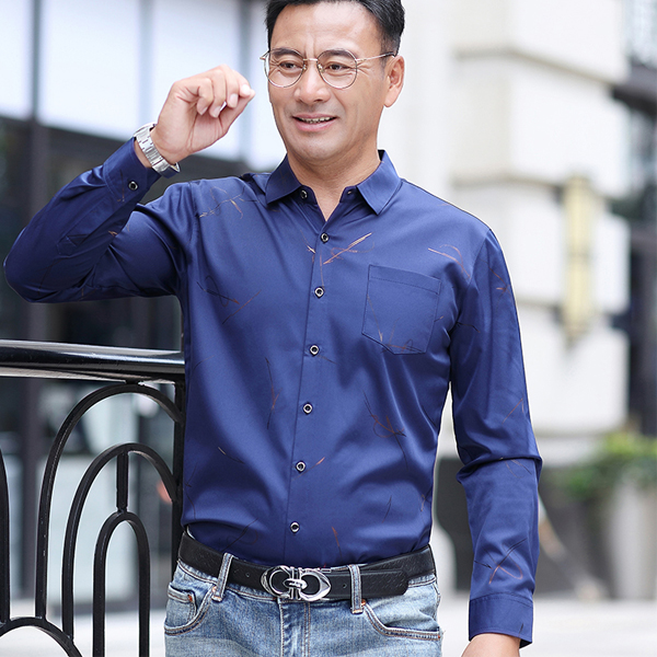 Dad's long -sleeved shirt autumn clothes, middle -aged men's spring and autumn thin shirt middle -aged and elderly people loose inch clothes